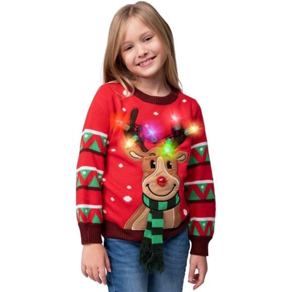 Kid's Christmas Ugly Sweater LED Light Up Reindeer w/Built-in Light Bulbs, Red